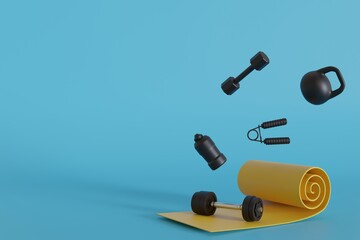 gym training exercising and fitness equipment dumbbells bob yoga mat and bottle tools	