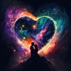 Fototapeta na wymiar Sunset romance silhouette, colorful sky kiss, love in space, GENERATIVE AI