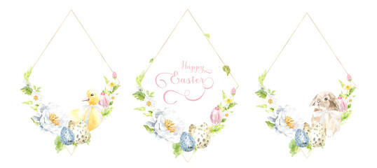 Watercolor Easter gold polygonal geometry frame illustration. Botanical spring floral frame, gold glitter wreath, chaplet, peony,rose, cute Easter bunny animal clipart, baby shower, happy birthday,