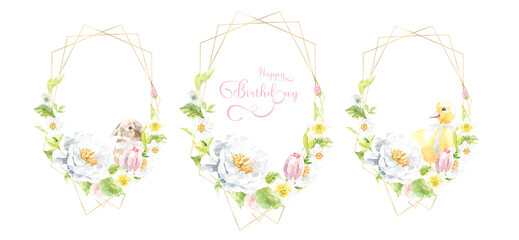 Watercolor Easter gold polygonal geometry frame illustration. Botanical spring floral frame, gold glitter wreath, chaplet, peony,rose, cute Easter bunny animal clipart, baby shower, happy birthday,