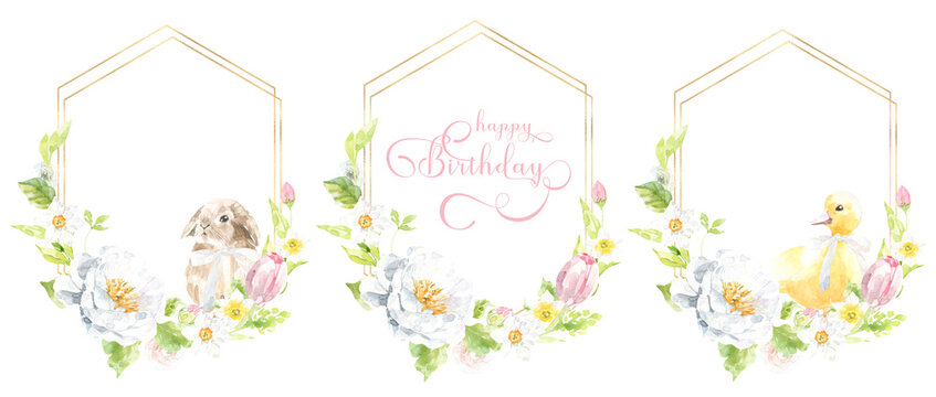 Watercolor Easter gold polygonal geometry frame illustration. Botanical spring floral frame, gold glitter wreath, chaplet, peony,rose, cute Easter bunny animal clipart, baby shower, happy birthday,