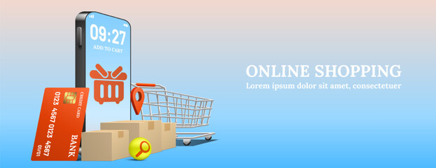 Smartphone behind parcel packaging boxes with shopping cart and credit card