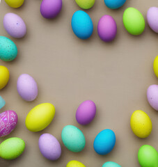 Fototapeta na wymiar Easter eggs background, pastel color painted eggs, top view, copy space. Generative AI