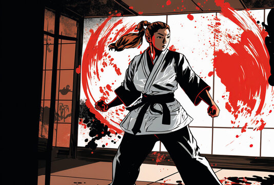 A woman trains in martial arts with concentration and determination, in a dojo. A dynamic mix of red, black and white tones brings this unique image to life. Generative AI