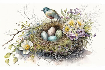 Colorful bird nest with flowers on white background watercolor, Generative AI
