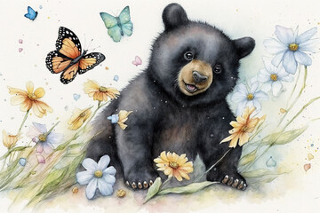 Cute black bear in a field of flowers with butterflies watercolor, Generative AI