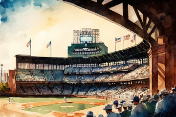 A baseball stadium watercolor, Generative AI - obrazy, fototapety, plakaty