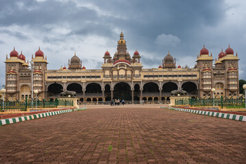 Exteriors and Facade of the historic and grand Mysore palace also called Amba Vilas palace in...