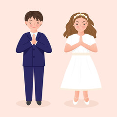 first Holy Communion praying girl and boy - vector illustration