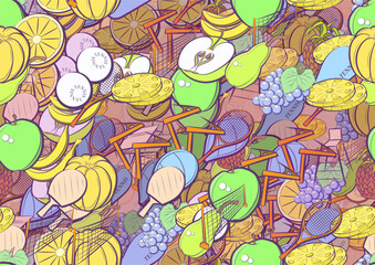 Background pattern abstract design texture. Seamless. Tennis and Fruits. Theme is about grapes, leaflet, round grapes, observer, game, tennis racket case, chair, mandarin, sports judge, game table - obrazy, fototapety, plakaty