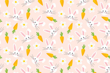 seamless easter pattern with rabbits, carrots and flowers - vector illustration