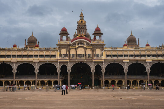 Exteriors and Facade of the historic and grand Mysore palace also called Amba Vilas palace in Karnataka  India