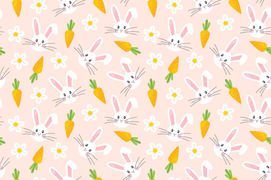 seamless easter pattern with rabbits, carrots and flowers - vector illustration