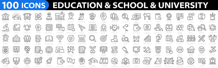 Education 100 icons. School icon set. University icon. Back to school icon set. Classroom, students and teacher. Science icon. Education and knowledge symbol. Vector illustration.