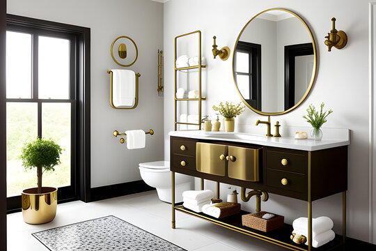 Bathroom with circular hand basin and brass tap ware