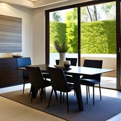Elegant and luxury dining room with table and chairs in modern oriental contemporary house in sunlight and leaf shadow from sliding door to backyard for household products display background