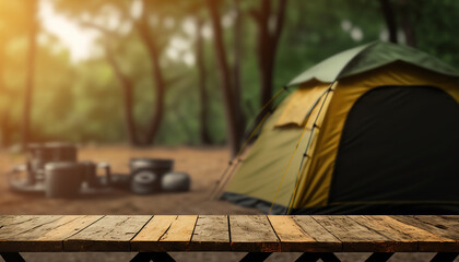 Camping background with blurred forest background and tent. Outdoor nature background. AI generative image.