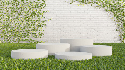 Product display podium with set of realistic concrete steps on green grass and brick wall background with plants. 3D render