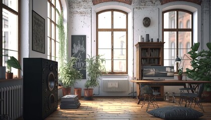 Fototapeta na wymiar Interior of hipster german flat in old building, rustic design with off white walls and wooden decor, AI generative