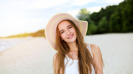 Portrait of a happy smiling woman in free happiness bliss on ocean beach standing with a hat. A female model in a white summer dress enjoying nature during travel holidays vacation outdoors.