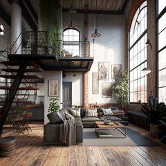 Living room loft in industrial style ,3d render. created with Generative AI technology.