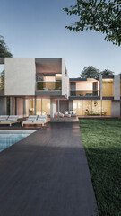 Fototapeta na wymiar Architecture 3d rendering illustration of minimal house with swimming pool