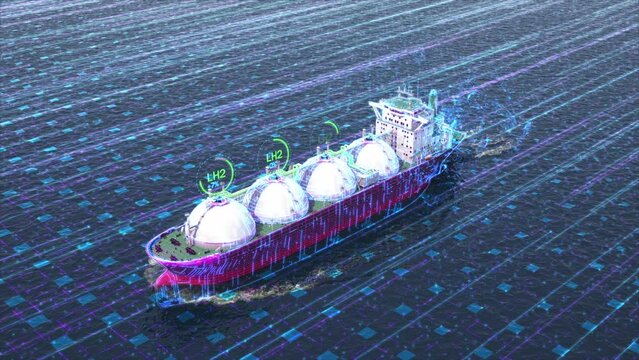 Beautiful 3D animation of a gas tanker with holographic elements. 3D render. Side view.