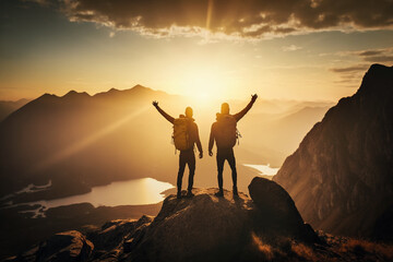 silhueta de amigos vencedores no alto de montanha com lindo por do sol 