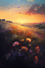 Spring blooming meadow. Colorful flowers. AI generation