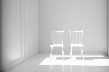 Two white chairs in empty room with shadow on wall