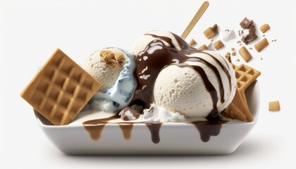 Smores ice cream in a dish with graham cracker crumbles and marshmallows on White Background with copy space for your text created with generative AI technology - obrazy, fototapety, plakaty