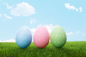 easter eggs in grass on sky background