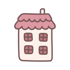 Stylish pink house. Simple children's illustration. Cute drawing in kawaii style. Doodle element for design