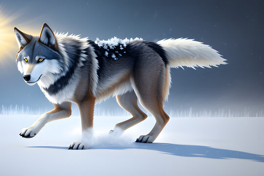 3d rendering illustration of a wolf creature fighting a cold snowy storm