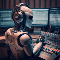 artificial intelligence robot in the studio doing audio mastering, generative AI