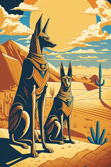 the Egyptian gods Anubis and Bastet in a desert landscape, with crisp lines and shading that make them stand out against the scenery