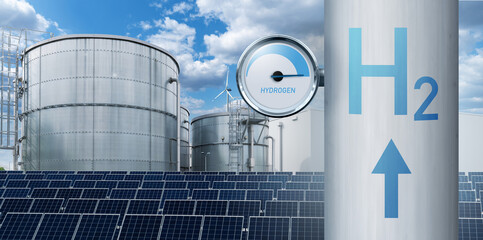 Hydrogen pipe with gauge on a background of H2 factory using renewable energy. Green hydrogen...