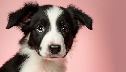 Naklejka na ściany i meble a black and white dog with a pink background looking at the camera. generative ai