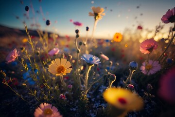 Fototapeta na wymiar Colourful Field of Flowers – Generative AI