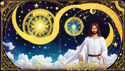 background with jesus christ and stars colorful of esoteric symbols Generative AI