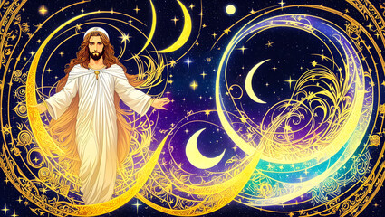 background with jesus christ and esoteric symbols colorful moon Generative AI