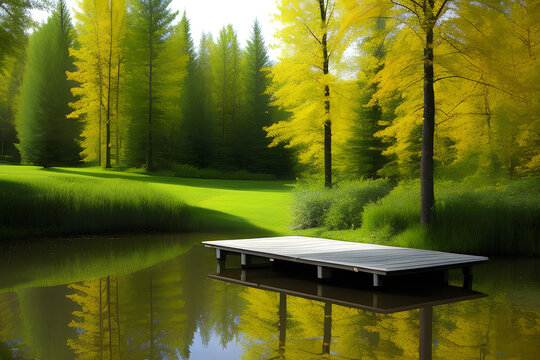 A small wooden berth and a cozy little pond in nature, among bushes, grass and trees. Russian nature.