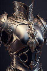 Elegant Female Plated Medieval Armour Display Illustration, Metal Fantasy Chest Armour, RPG Game, Generative AI