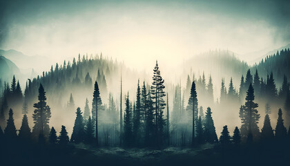 Forest landscape in the fog. Graphic image of the forest after the rain