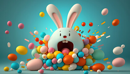 Cute smiling Easter bunny jumping up from pile of colorful Easter eggs. Concept design of Easter eggs hunt. Created with Generative Ai