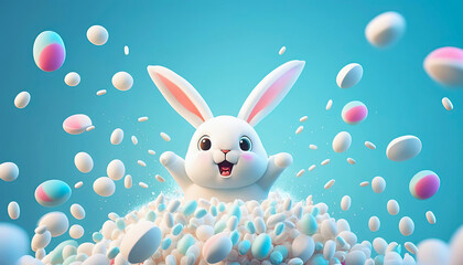 Cute smiling Easter bunny jumping up from pile of colorful Easter eggs. Concept design of Easter eggs hunt. Created with Generative Ai