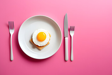 Creative layout with pastel pink plate, fork, knife, yellow rubber duck and white paint on pastel pink background. Aesthetic fashion food restaurant concept. Minimal surreal breakfast idea.
