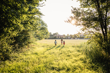 Naklejka na ściany i meble wide angle view of three children running towards open field