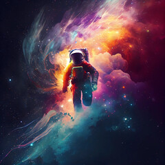 Obraz na płótnie Canvas An astronaut explodes through a colorful nebula, Generative AI