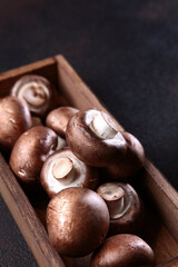 Champignons on a dark background. Mushrooms in a wooden box. Space for copying.Flat lay. Top view. Copy space.